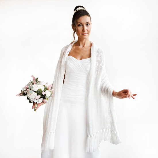 White Knitted Bridal Shawl, Elegant Winter Wedding Cover Up for Bridesmaids code WW211